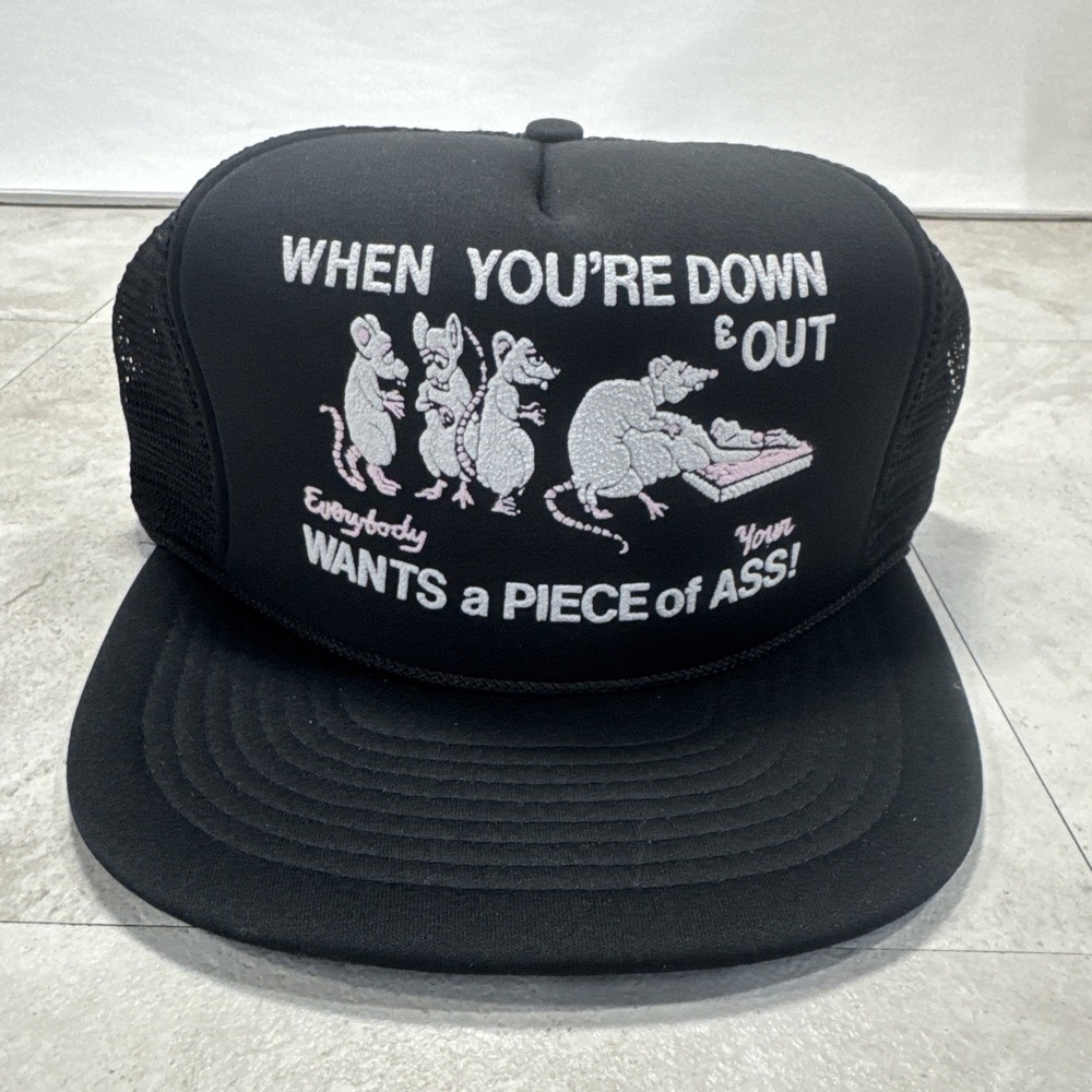 NOS 1980s Cobra When You're Down & Out Trucker Hat Snapback Funny Rat Graphic